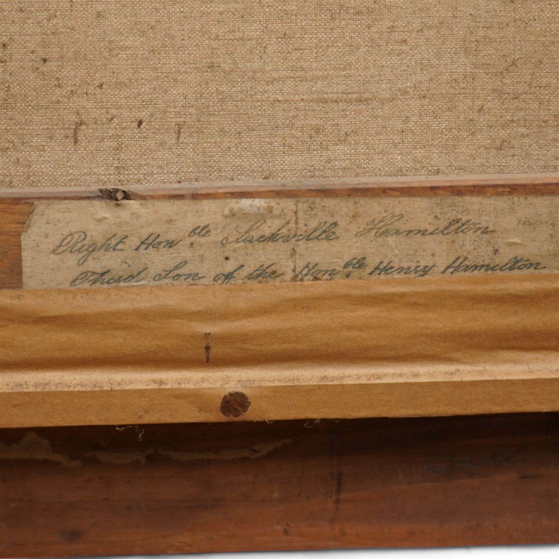 Irish School (Late 18th century): Portrait of the 'Right Honourable Sackville Hamilton (Irish 1732-1818) Third Son of the Honourable Henry Hamilton (1692-1743)', oil on canvas unsigned, labelled verso 71cm x 61cm
Provenance: direct from the family of the sitter
Notes: Sackville Hamilton was a notable Irish politician, one of the most important roles of his career included serving a long tenure as under-secretary to the Lord Lieutenant of Ireland. He was the son of the Hon. Henry Hamilton, he married Arabella Berkeley, a daughter of Bishop George Berkeley. 