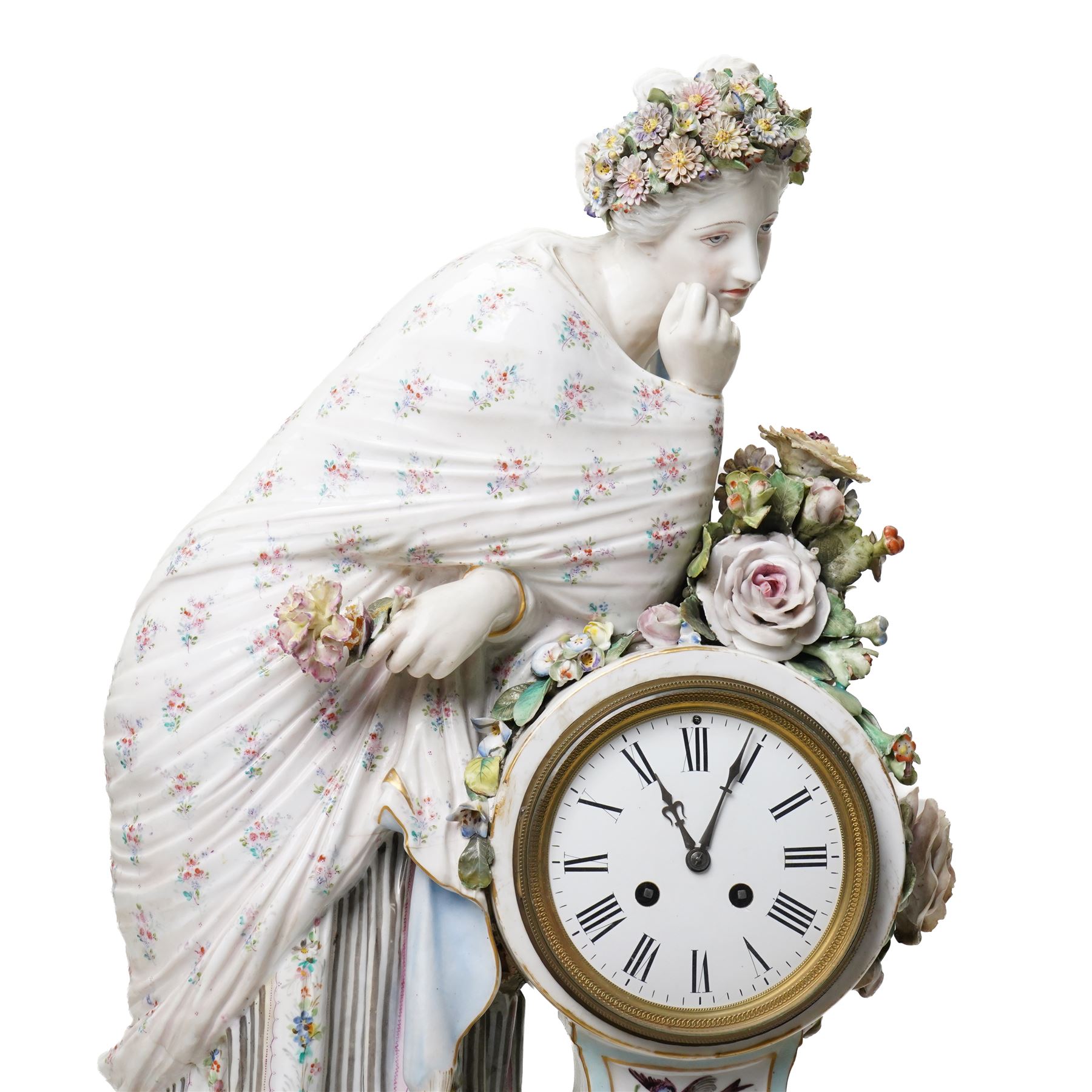Large19th century  German porcelain mantel clock with white dial and striking movement, the case with a standing figure of Flora resting on a pillar with floral applied decoration, the base painted eith landscape and floral panels on paw feet H77cm W43cm