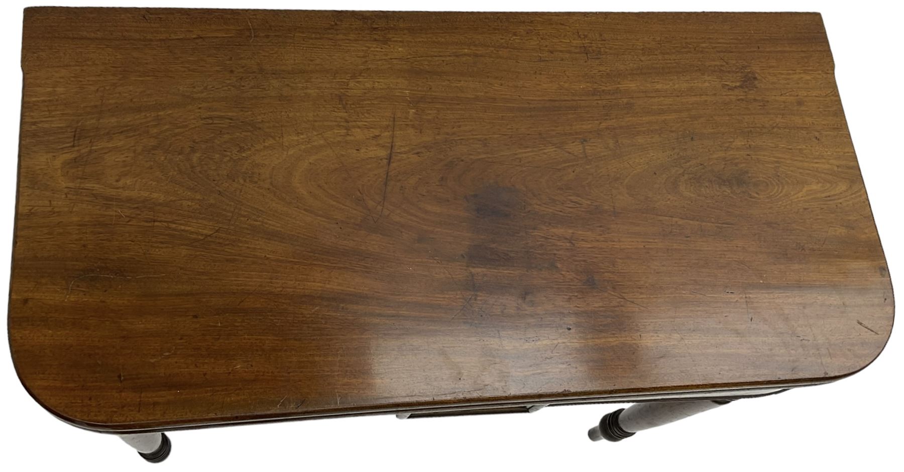 Victorian mahogany tea table, rectangular swivel fold-over top with rounded corners, on ring turned supports 