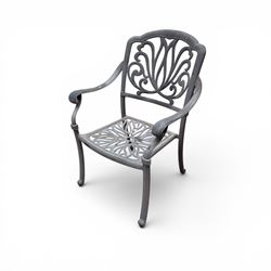 Circular aluminium garden table and pair of armchairs chairs with a pierced and scrolling backs 