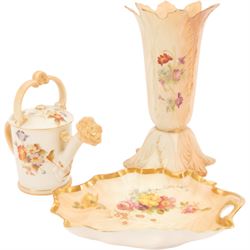 Royal Worcester blush ivory leaf moulded vase, leaf shape dish and a Royal China Works Worcester watering can, vase H21cm