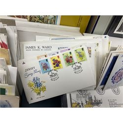 Stamps including Great British and Channel Islands first day covers, with various postmarks and genres, reference material etc, housed in various folders and loose, in one box