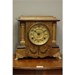  Early 20th century walnut mantel clock, architectural cased with gilt metal square column pilasters and scrolled paw feet, gilt Arabic dial, twin train movement striking on coil, W31cm  