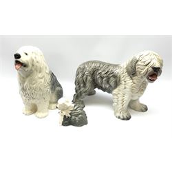 A Beswick fireside Old English Sheepdog, model no 2232, with impressed marks beneath, H29cm, together with a Royal Doulton model of an Old English Sheepdog and puppy, with printed mark beneath, H11.5cm, and a further large model of an Old English Sheepdog, marked beneath Made in Italy, H29cm. 