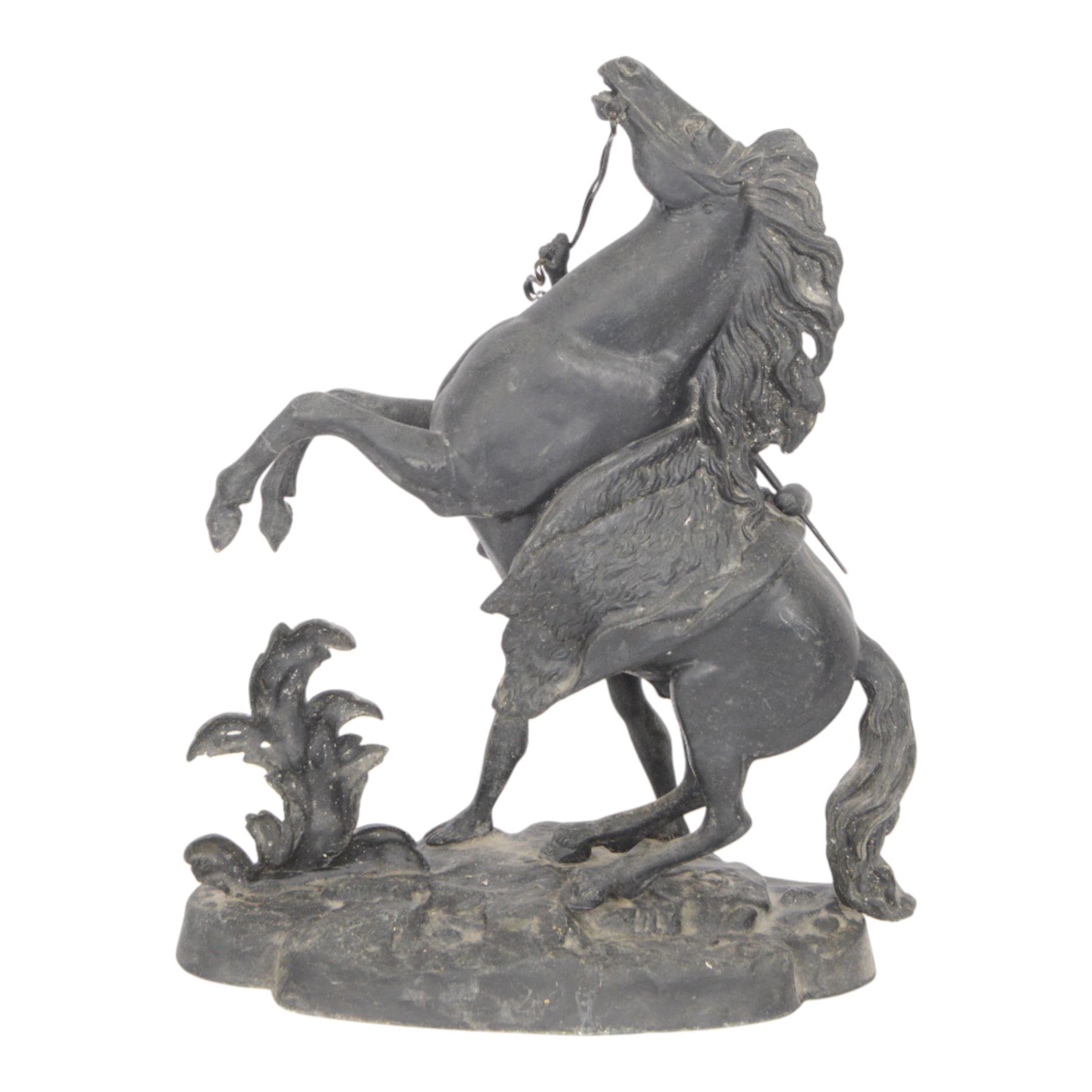 Three spelter Marley Horse figures, after Guillaume Coustou, each modelled as a rearing horse restrained by  groom, tallest H41cm