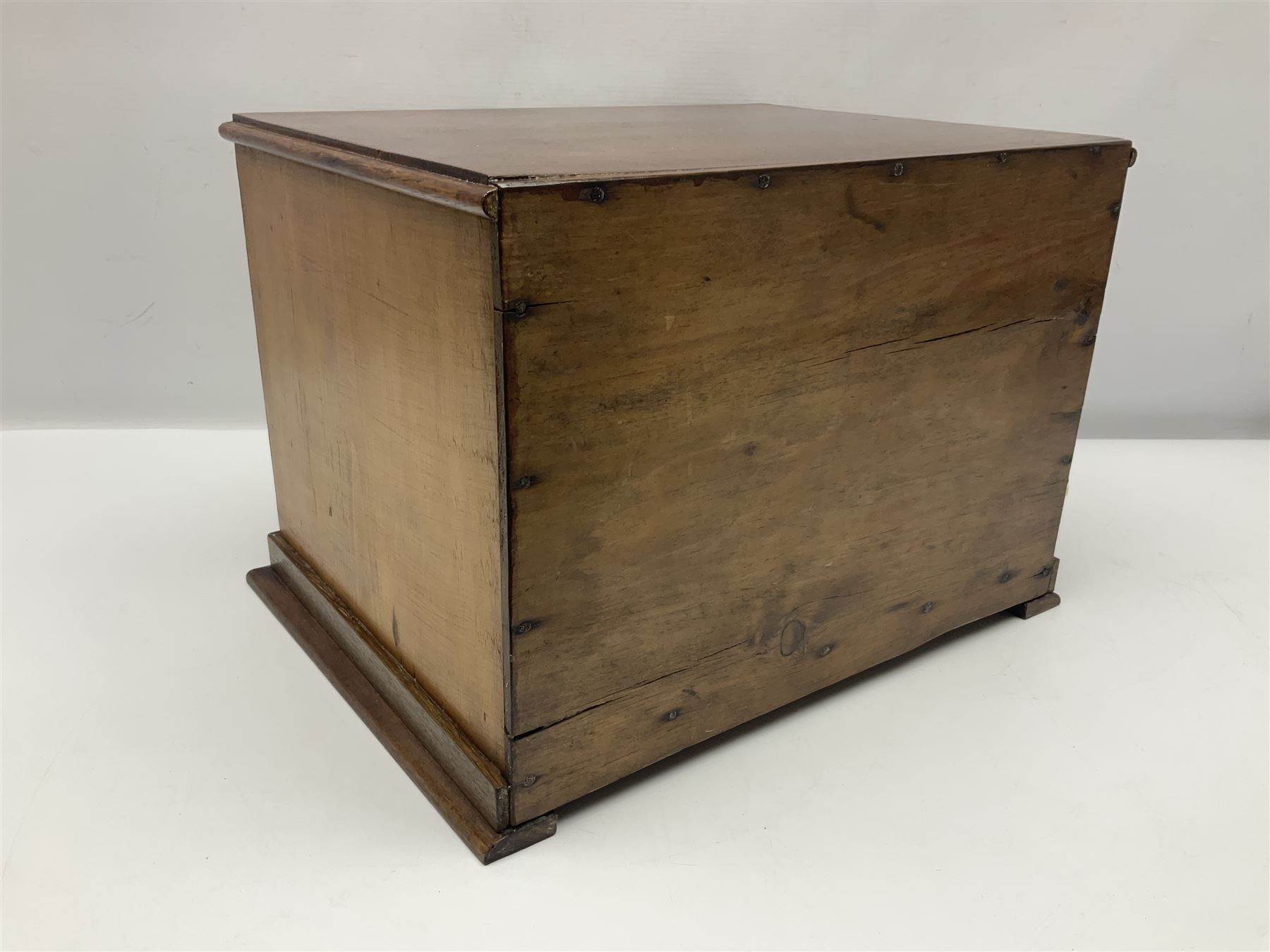 Victorian oak three drawer tabletop haberdashery chest advertising Morris Yeomans' Needles and Co, H27cm, L36cm
