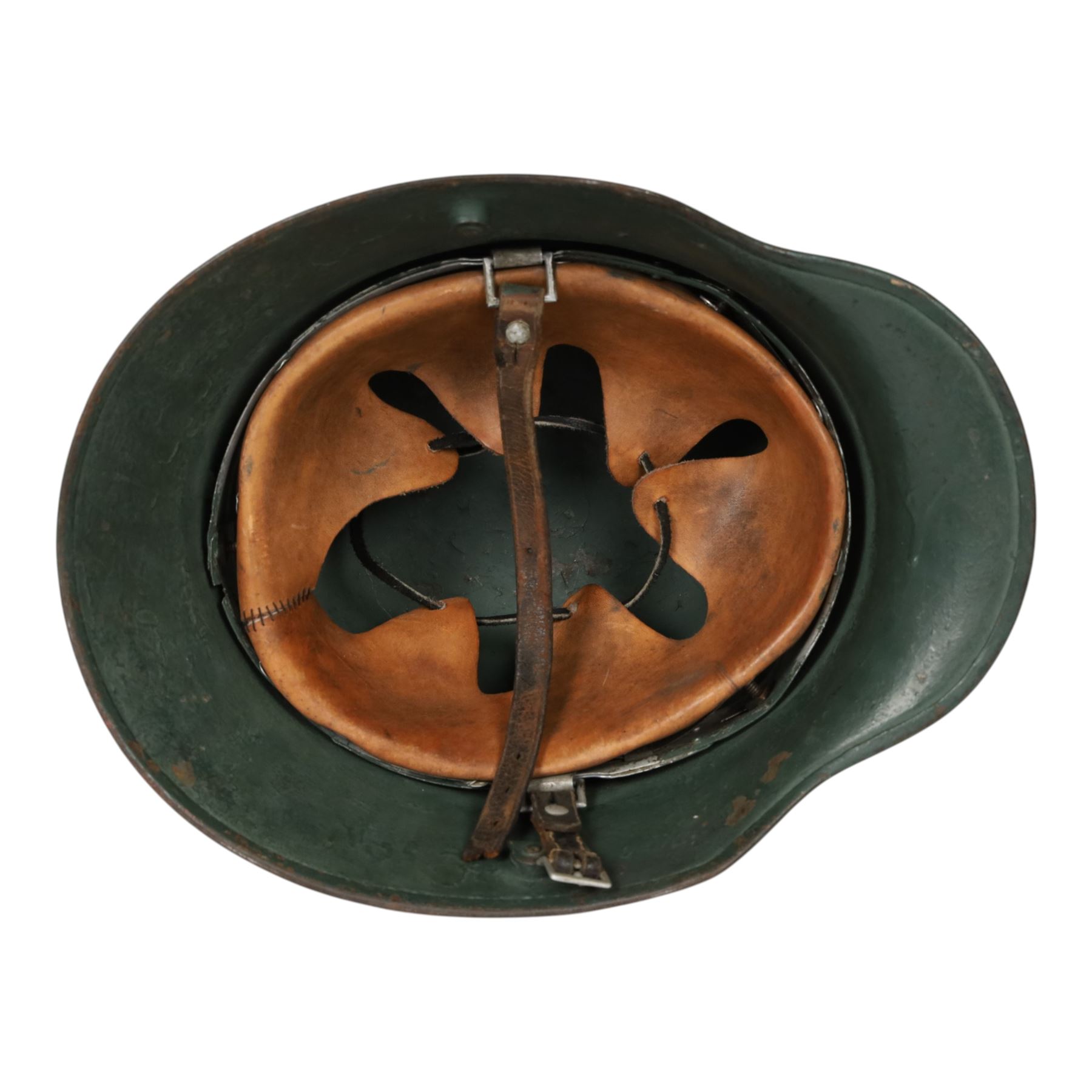 German double decal  M16 helmet with tricolour decal to the right and army eagle to the left, with leather lining and strap 