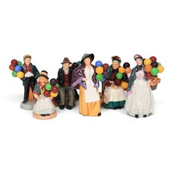 Royal Doulton six balloon seller figures, comprising The Old Balloon Seller HN1315 Biddy P...