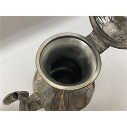 Twin handled silver plated bowl retailed by Harrods, together with two 19th century coffee pots, pewter milk jug and other metalware   