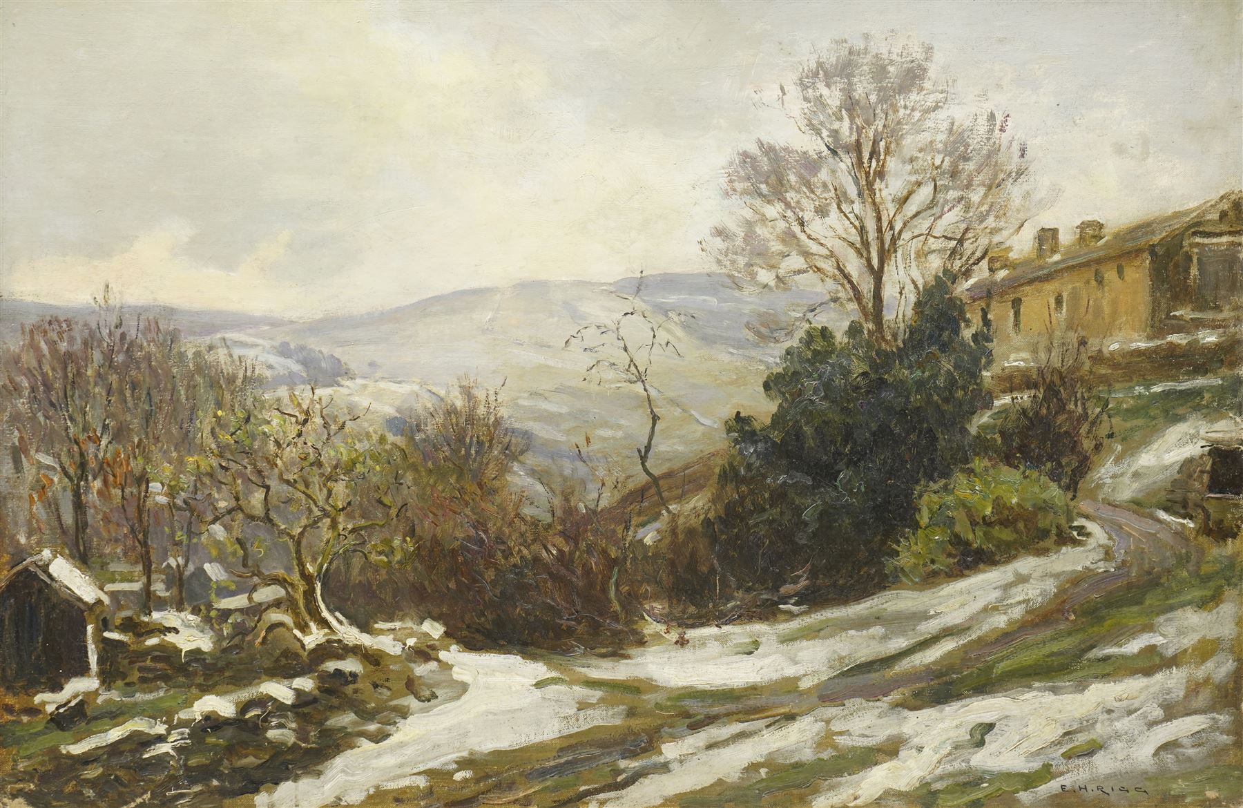 Ernest Higgins Rigg (Staithes Group 1868-1947): Snow at Paradise - Low Row, oil on canvas signed 50cm x 76cm