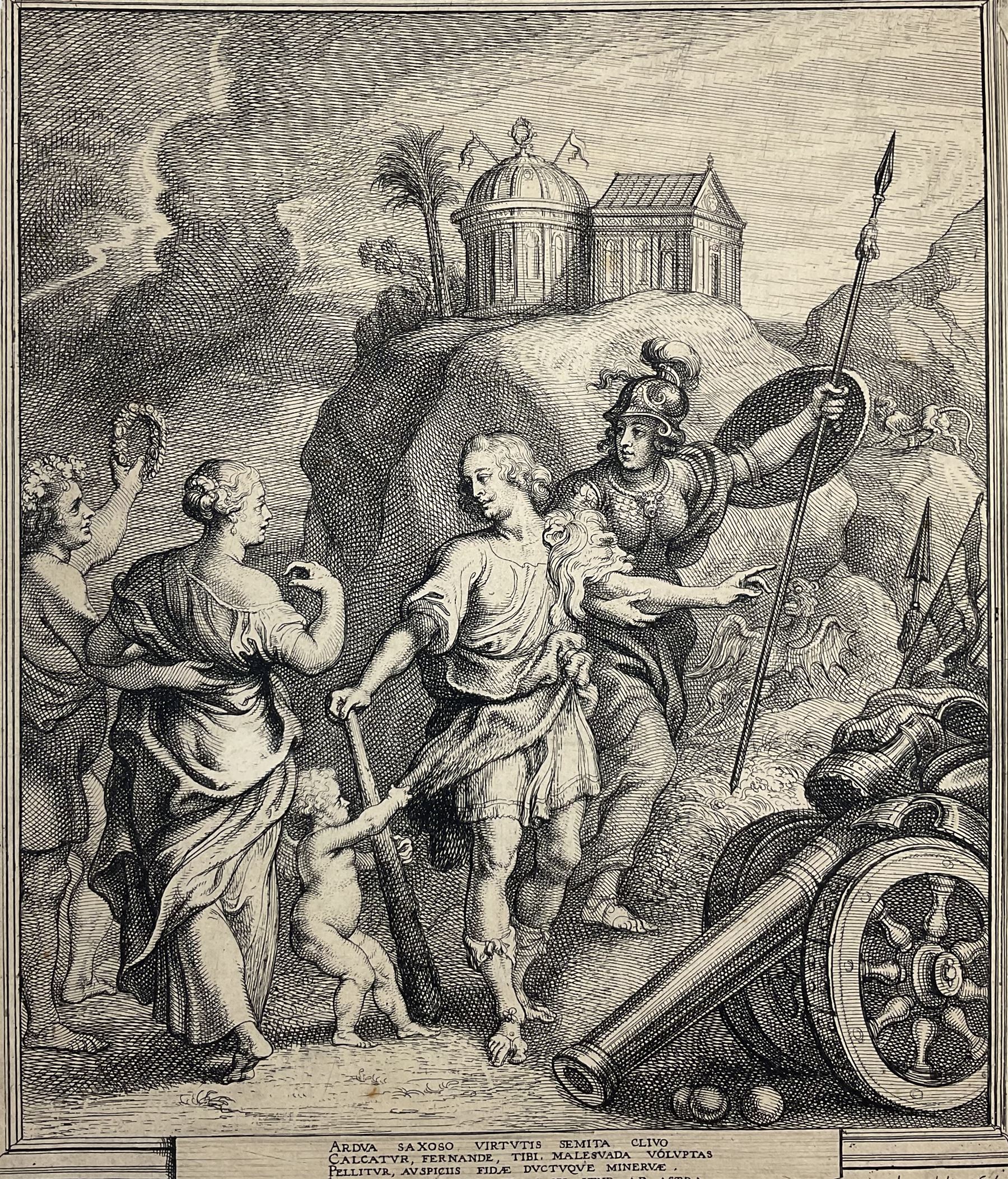 Theodoor van Thulden (Dutch 1606-1669) after Peter Paul Rubens (Flemish 1577-1640): Hercules at the Crossroads, engraving, together with a collection of further engravings and photogravures, max 38cm x 28cm (unframed)