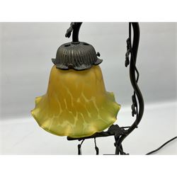 Art Nouveau style lamp in the form of a woman on a swing, with a green mottled shade, upon a marble base H52cm