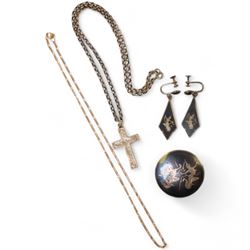 9ct gold gold chain, silver cross pendant necklace, Siam silver brooch and earrings