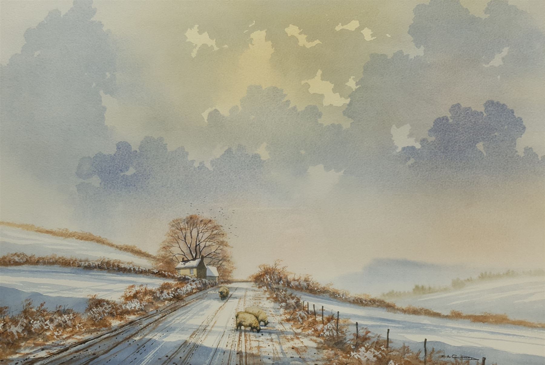 I A Gillibrand (British 20th century): Winter Scene with Sheep, watercolour signed 36cm x 53cm