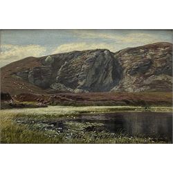 Gertrude Martineau (British 1840-1924): 'A Moorland Loch', watercolour signed with initials and dated 1875, titled dated 1875-6 and inscribed 'Purchased at the sale of the collection of Sir J Knowles KCVO at Christie's May 28 1908' on label verso 24cm x 36cm 
Notes: Sir James Thomas Knowles (1831-1908) was an architect, editor and founder of the Metaphysical Society, and an avid art collector.
