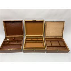 Three modern veneered boxes, with harlequin inlay including mahogany and walnut, L30cm.