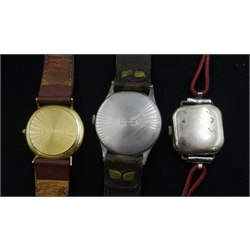 Geneve quartz 9ct gold wristwatch, London import marks 1990, on leather strap Swiss silver and enamel ladies wristwatch by Courvoisier Frères, Birmingham import marks 1918 and an Alsinal wristwatch (3)
