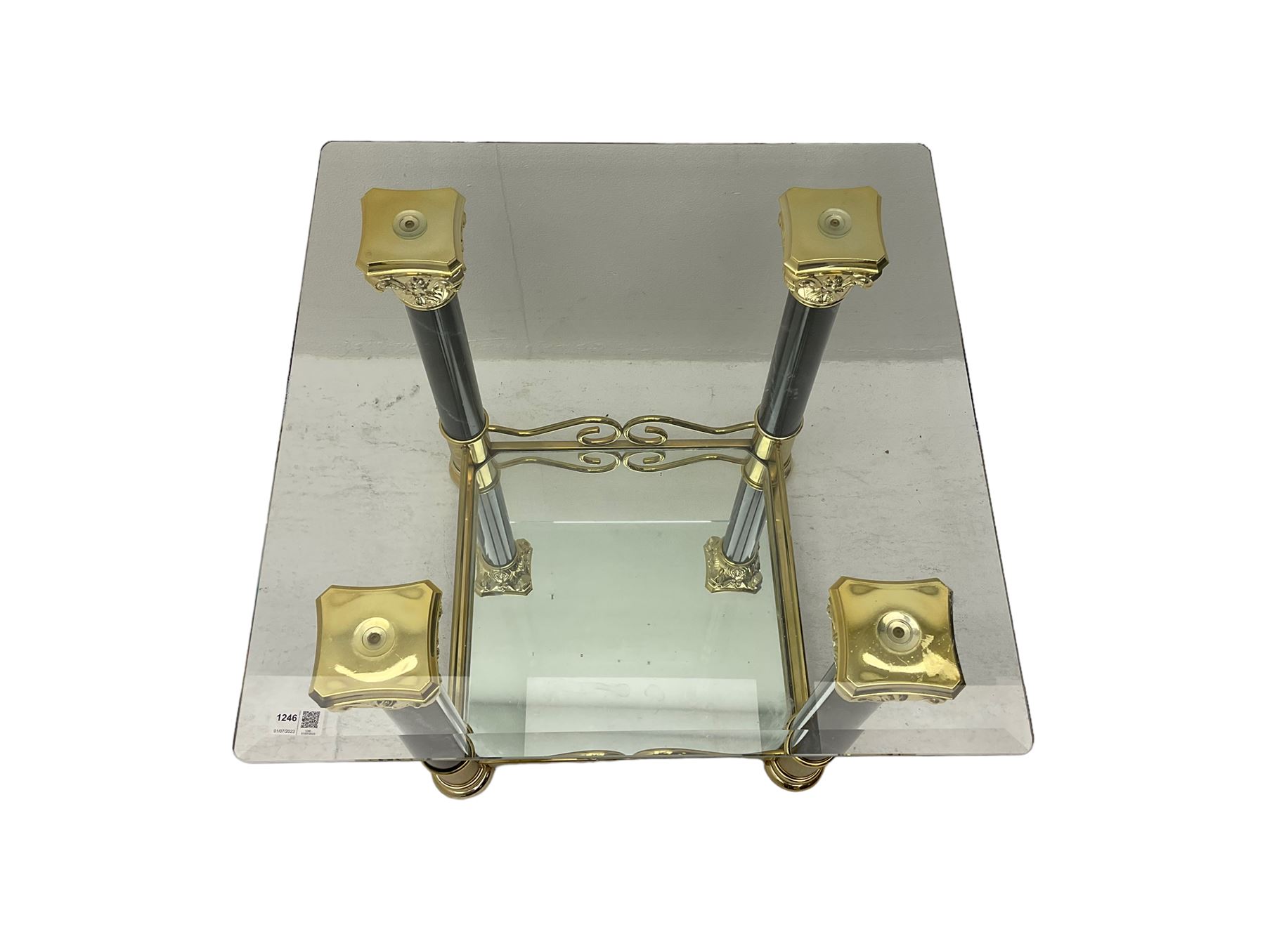 A Contemporary Two Tiered Glass and Gilt Metal Coffee Table