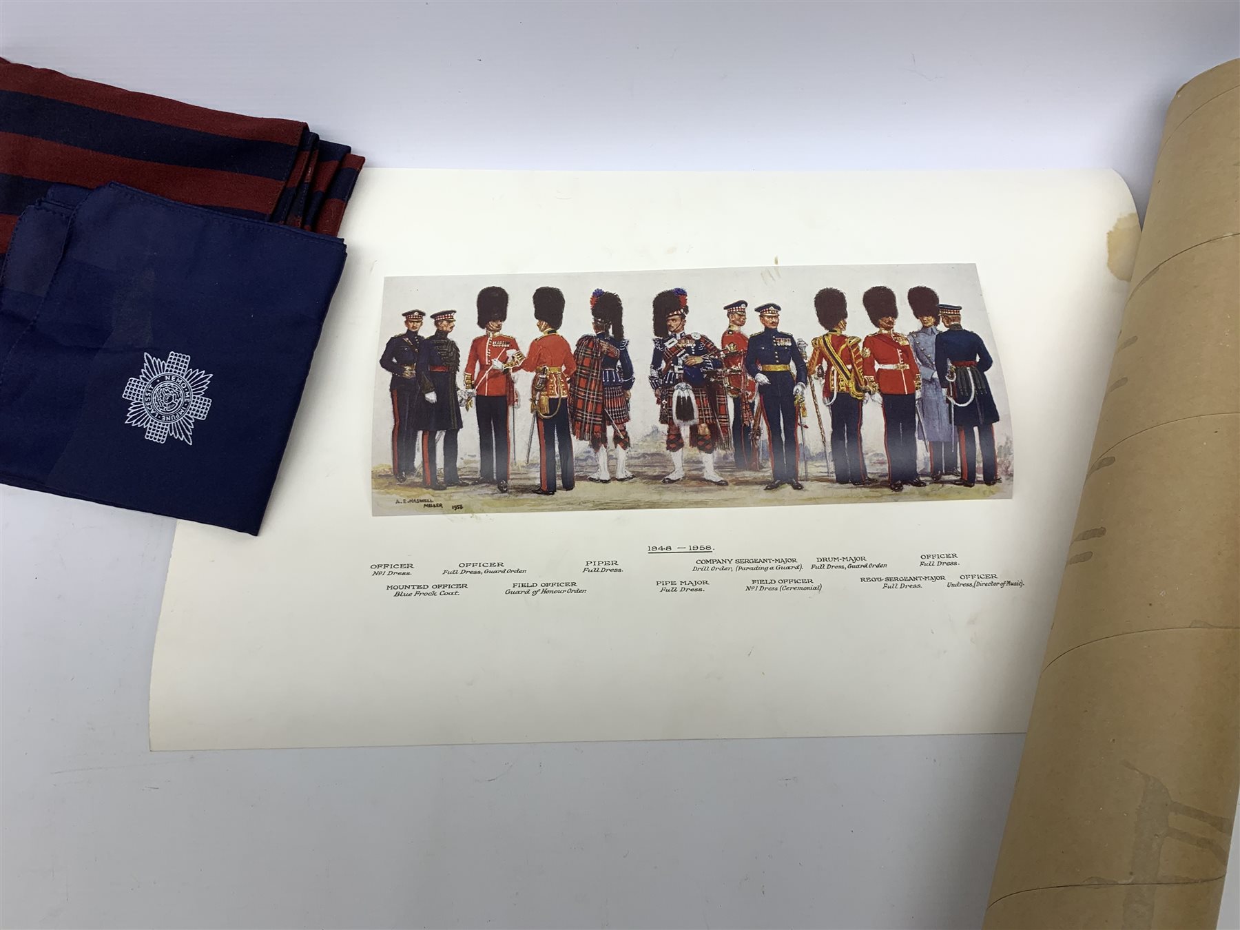 Scots Guards - set of five unframed annotated colour prints depicting the history of their uniform 1899 - 1958, each 20 x 36cm; together with regimental pullover, scarf, tie, shawl, double breasted blazer with Staybrite buttons and trousers