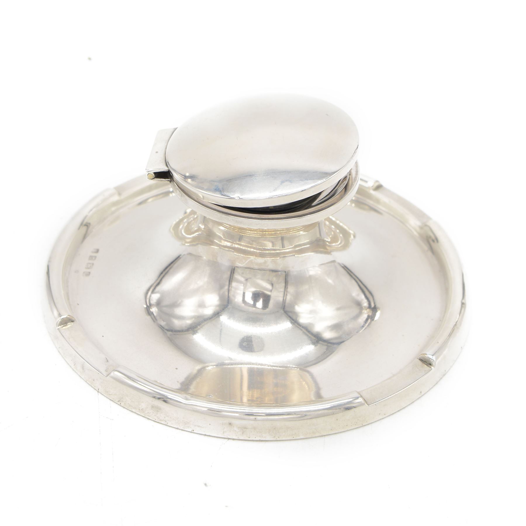 Early 20th century silver mounted capstan inkwell, of typical circular form, hallmarked A & J Zimmerman Ltd, Birmingham 1914, D17.5cm, H7cm