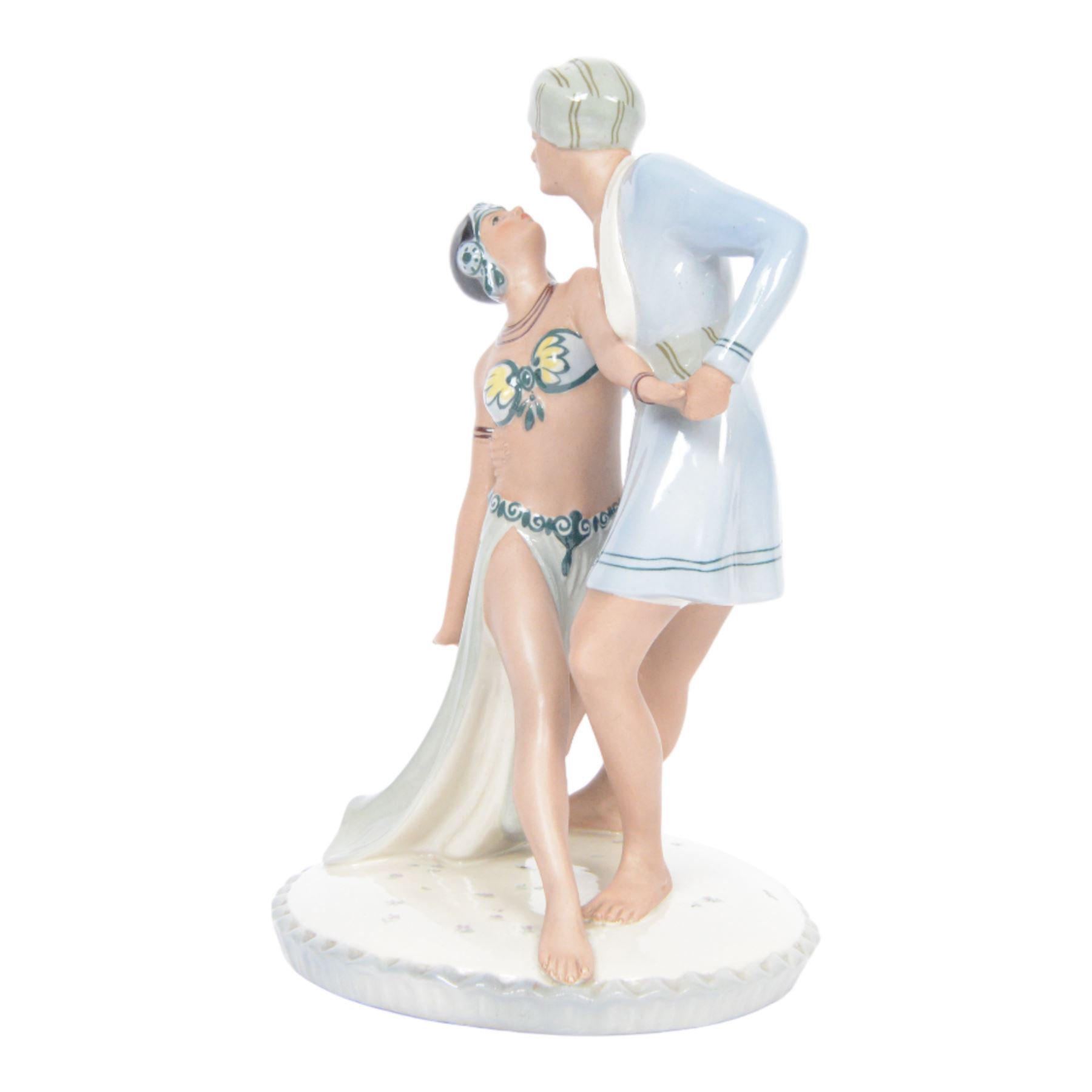 Royal Dux figural group, modelled as two dancers in Arabic dress, possibly Rudolph Valentino and Vilma Banky from The Son of the Sheik, with impressed and printed marks beneath, H30cm