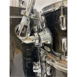 Pearl Vision SST Birch Ply shell four-piece drum kit in black comprising bass drum with foot pedal and three graduated toms; together with Pearl Custom Alloy Sensitone steel snare drum, drum and cymbal stands, microphone stand, stool and various drum sticks 