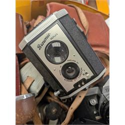Yashica Pentamatic camera body with Yashinon 1:1.8 f=5.5 lens, Afga Isolette II, Minolta Riva AF35, Kodak Brownie cameras and accessories
