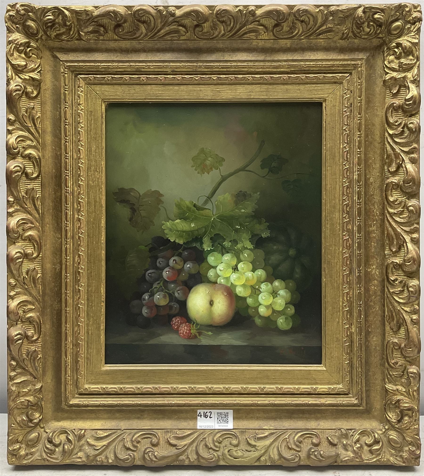 E Hollis (19th/20th Century): Still Life of Fruit and Wine, pair oil on canvas signed 29cm x 24cm (2)