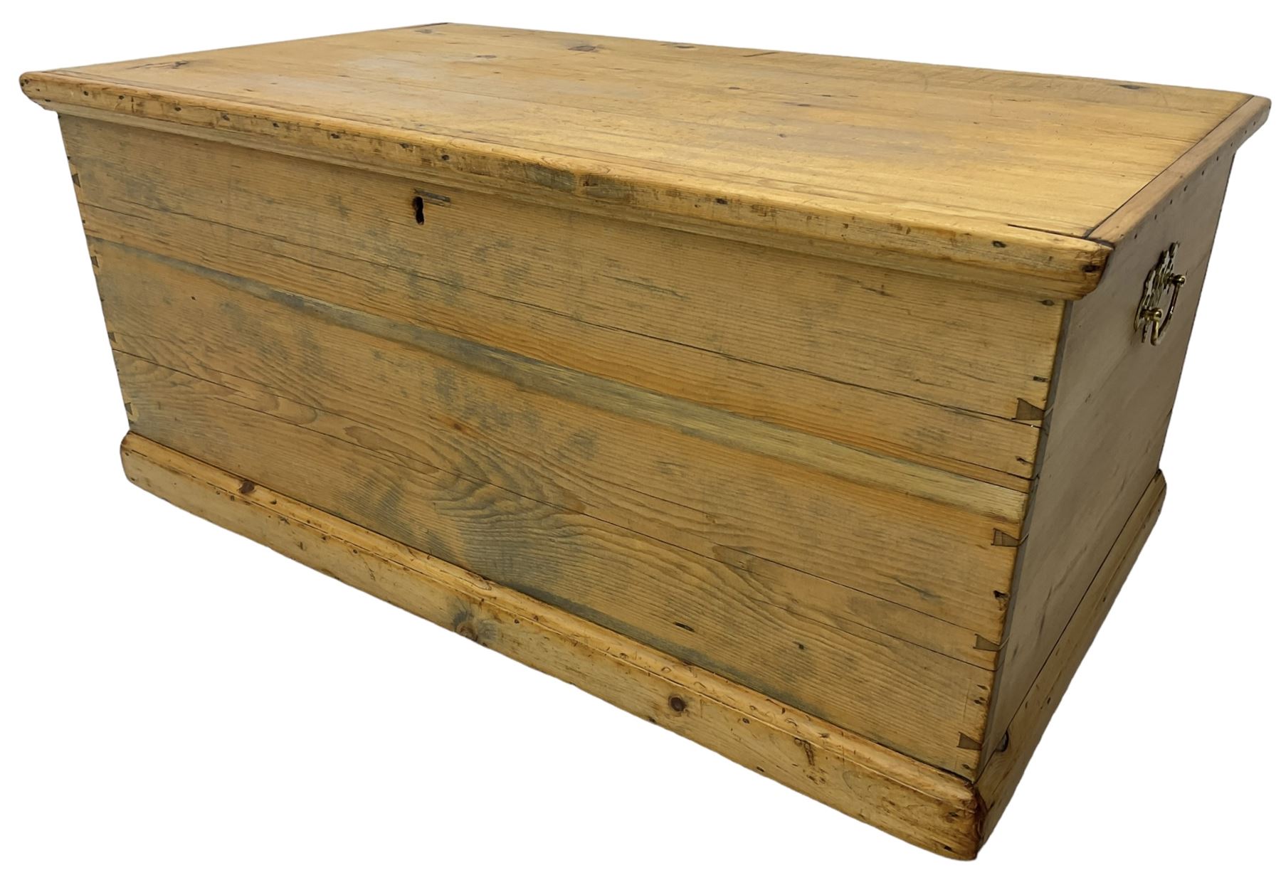 Victorian pine blanket box, hinged lid, fitted with carrying handles, on castors