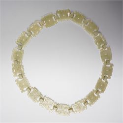 Chinese carved greenstone belt, each link carved with symbols, W108cm 