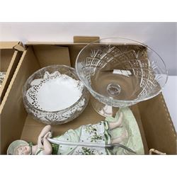 Bradford Exchange 'Shakespearean Lovers' collectors plates, continental figures, Royal Doulton and Dartington Crystal glassware and other ceramics and collectables, in three boxes
