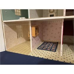 Modern scratch-built Palladian style wooden dolls  house as a 19th century double fronted two-storey property with simulated brick and stone walls under a removable simulated slate hipped roof; the triple hinged front elevation opening to reveal six rooms with central hall, stairs and landing L94cm H56cm D40cm