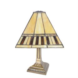 Small Tiffany style table lamp, with cream and brown stained glass shade and column base, ...