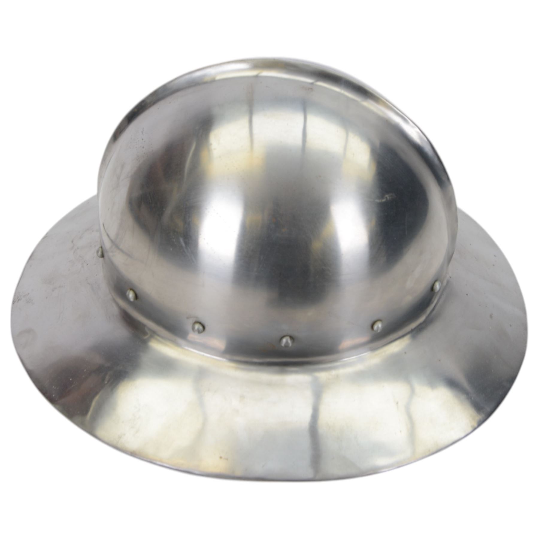 Selection of reenactment related items, including Archers sword, helmet and shield, with another helmet and chain mail 