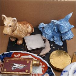 Two Sylvac dogs, 1205 and 1295, two Limoges Camus brandy flasks, pair of Imari plates, graduated jugs, Stratton and other compacts etc