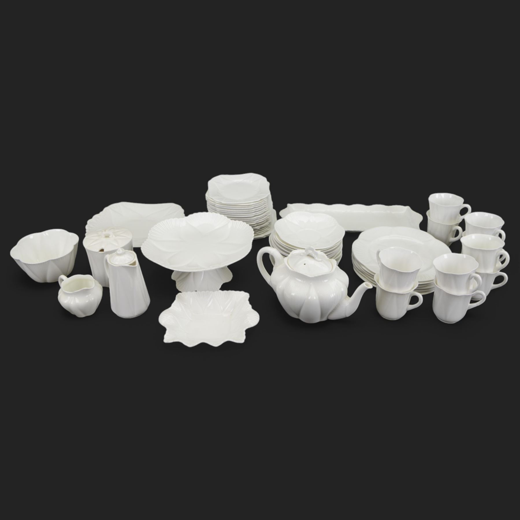 Shelley Dainty White tea set, registered design number 272101, including teapot, milk jug, open sucrier, ten teacups, eighteen side plates etc