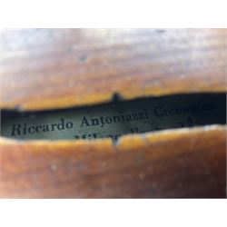Mid-19th century German violin with 36cm two-piece maple back and ribs and spruce top, bears label 'Riccardo Antoniazzi Cremonese fece in Milano l'anno 1896' L59.5cm overall; in walnut case with two part bows