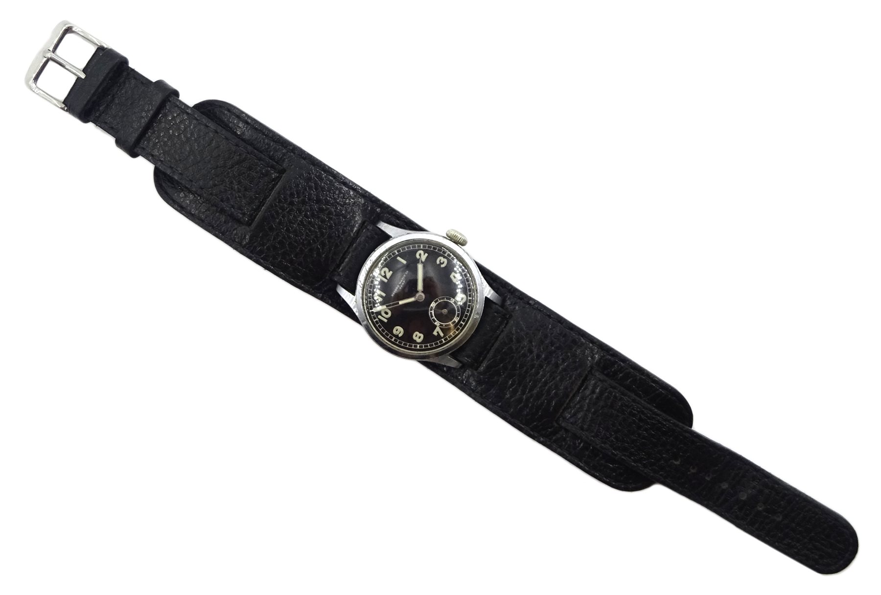 Record Watch Co GENF WWII German wristwatch, back case stamped Stahlboden D 422954 H, on leather strap