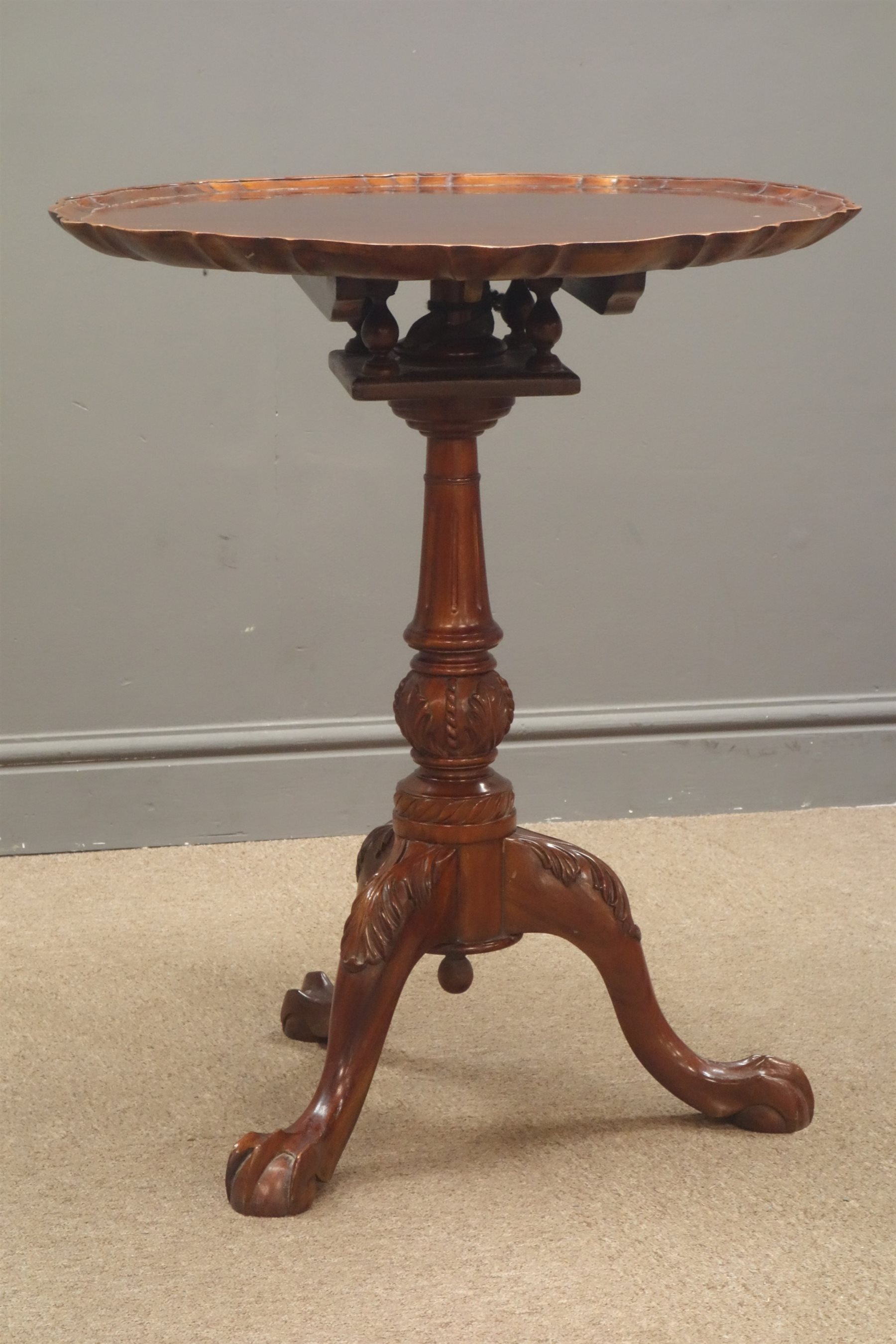 style reproduction mahogany pedestal table, pie crust moulded