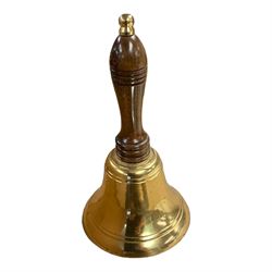 Brass Art Deco style mirror, together with a brass bell and other metalware 