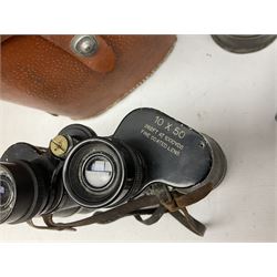 Pair of Lemaire Fabi of Paris mother of pearl opera glasses, together with Ajax 10 x 50 Ajax binoculars, four wooden planes, mining lamp and clay pipe 