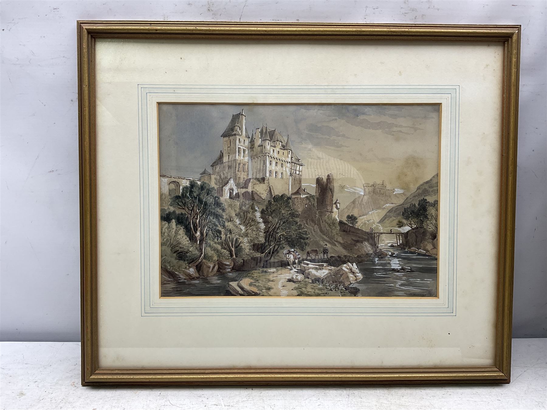 Christopher Horner (British 19th century): Eltz Castle - Germany, watercolour heightened in white signed and dated 1859, various labels verso 23cm x 33cm