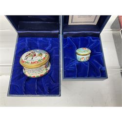 Eight Christmas themed Halcyon Days enamel boxes, and a Halcyon Days enamel bonbonniere modelled as a snowman, each in fitted box 