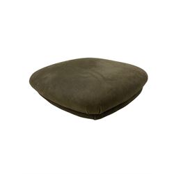 John Sankey - low armchair, buttoned back upholstered in tartan patterned fabric with contrasting grey leather, raised on turned and ebonised front feet with brass and ceramic castors, with matching foot stool