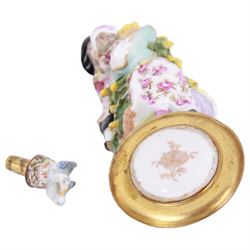 Sitzendorf perfume bottle, modelled as lovers around a tree, together with another continental perfume bottle of similar design, H11cm 