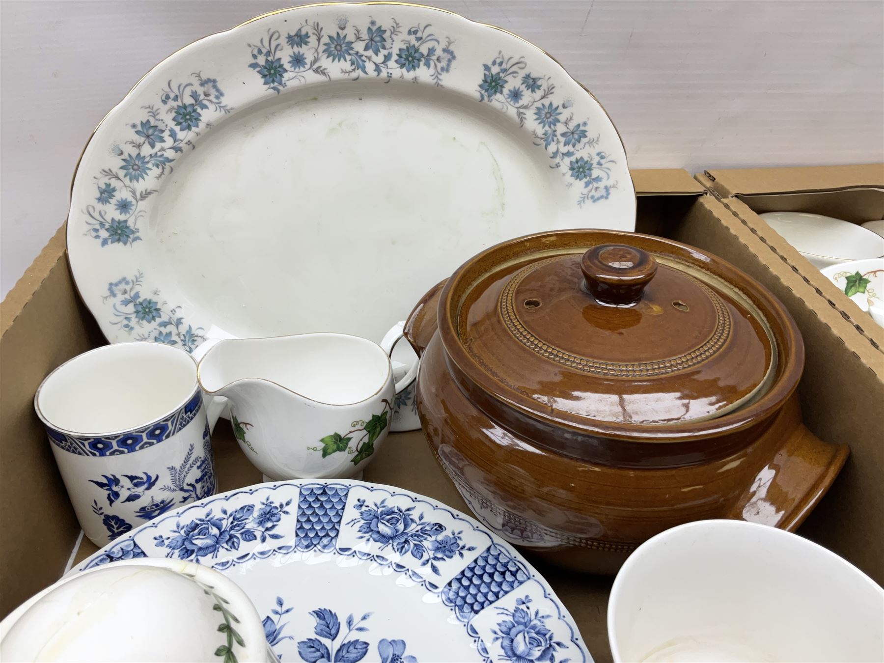 Quantity of teawares to include Coclough, Pearsons stoneware lidded twin handled pot, and other ceramics in two boxes