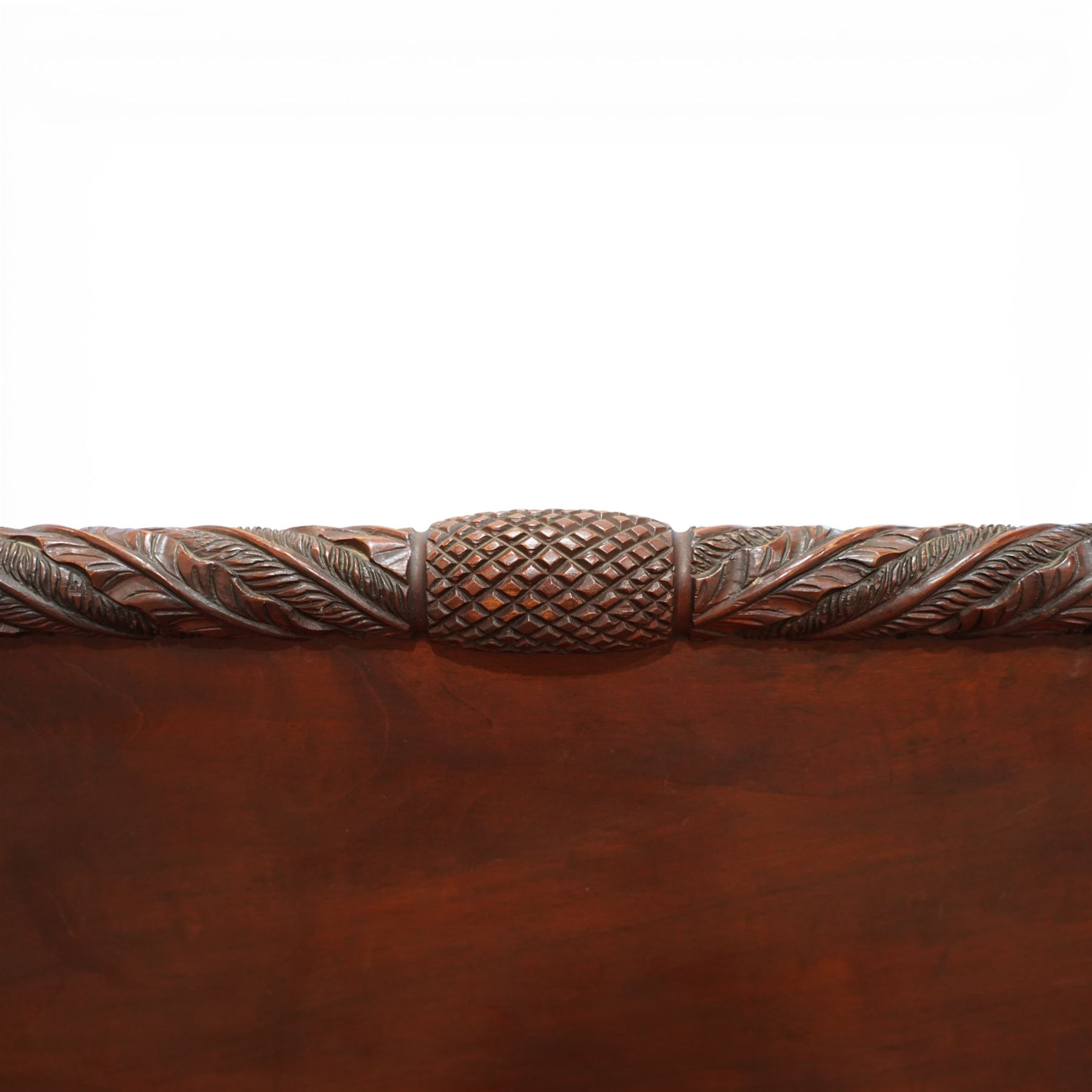 Early 19th century Regency carved mahogany four poster double bed, 4'6, the shaped headboard and footboard each surmounted by a finely carved pinecone and foliate moulded rail, flanked by ring turned and boldly spiral carved tapering posts with acorn finials, raised on square section legs, with slatted base