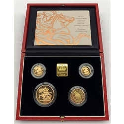 Queen Elizabeth II 1999 'United Kingdom gold proof Sovereign four coin collection', five pounds, double sovereign, full sovereign and half sovereign, cased with certificate, number 490