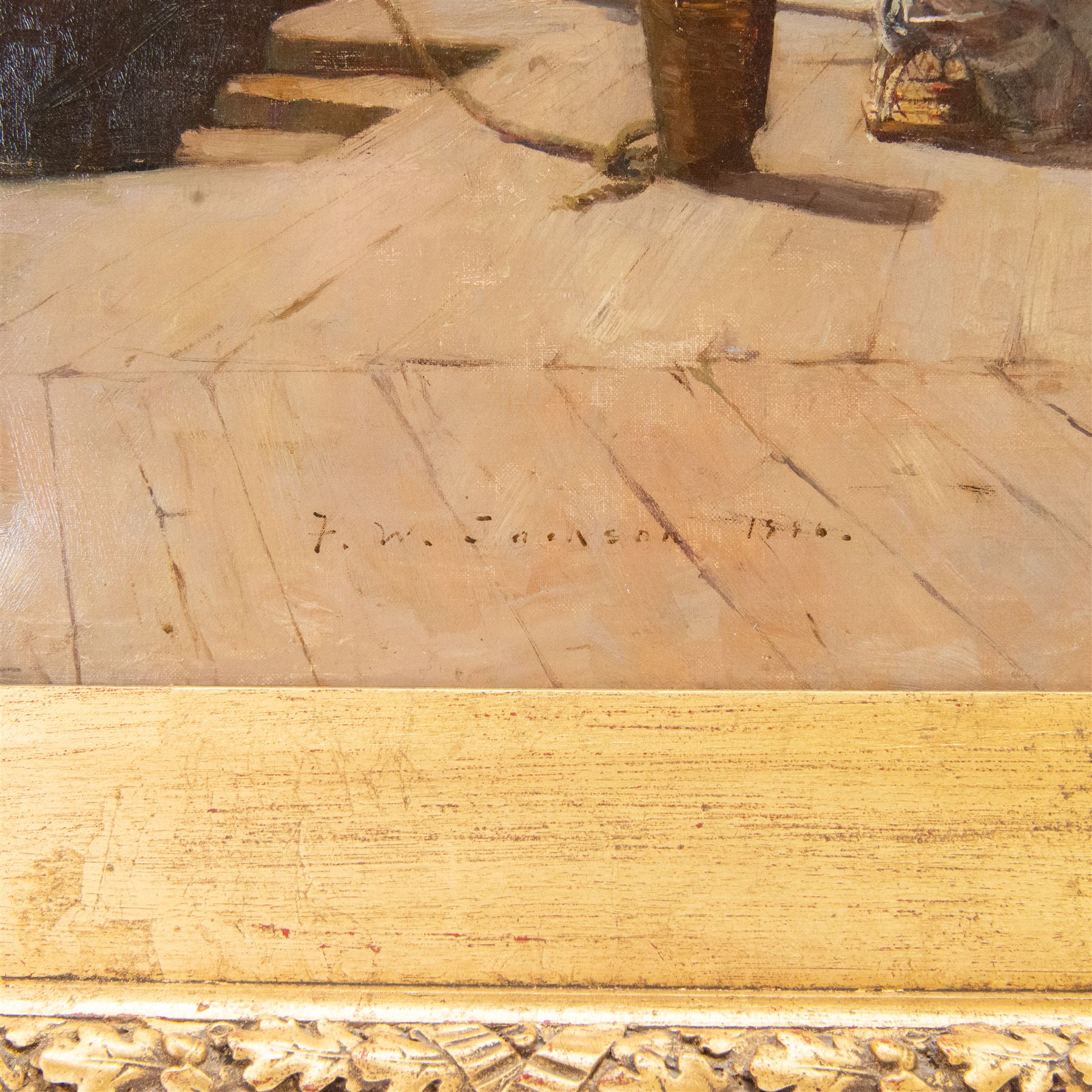 Frederick William Jackson (Staithes Group 1859-1918): Sorting Fish on Whitby New Quay, with Larpool Woods in the distance, oil on canvas signed and dated 1886, 54cm x 80cm 
Notes: for a watercolour of almost identical composition dated 1893, see Sotheby's Sussex 18 July 2001 Lot 199