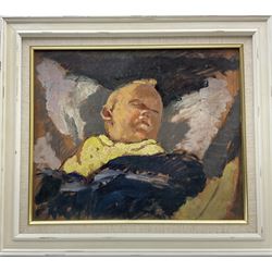 Philip Naviasky (Northern British 1894-1983): The Artist's Daughter Sonia Asleep, oil sketch on panel signed 37cm x 45cm 
Provenance: Chorley's Auction, 31st January 2017, Lot 406 sold as 'Sleeping Baby'. See associated pencil sketch in this sale Lot 18 executed at the same time, and supporting letter from Millie Naviasky stating the drawing of Sonia was done in 1935